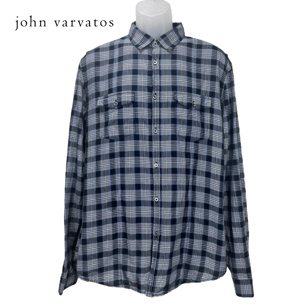 John Varvatos‎ Men Large Blue Checkered Lightweight Long Sleeve Button Up Shirt
